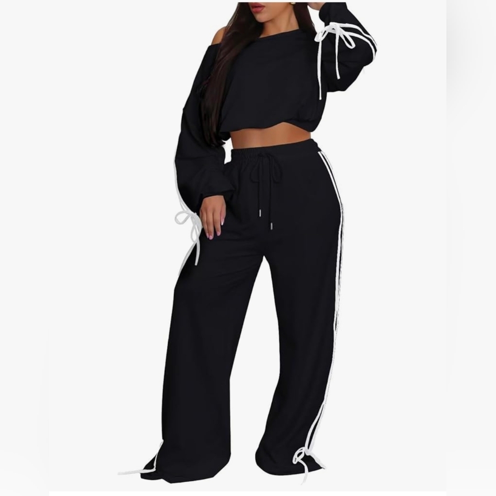 Black Wide-Leg Track Joggers with White Stripe